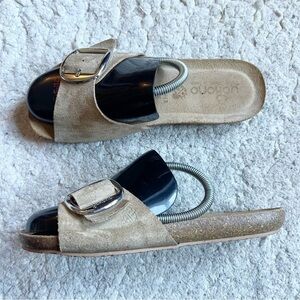 Yokono: Beige Tan Suede Silver Hard Vamp Strap Wear Slip On Sandals Size 8